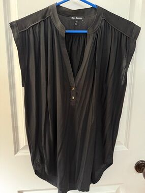 Juicy Couture Black Cap Sleeve V-Neck Silk Blouse with Button Placket